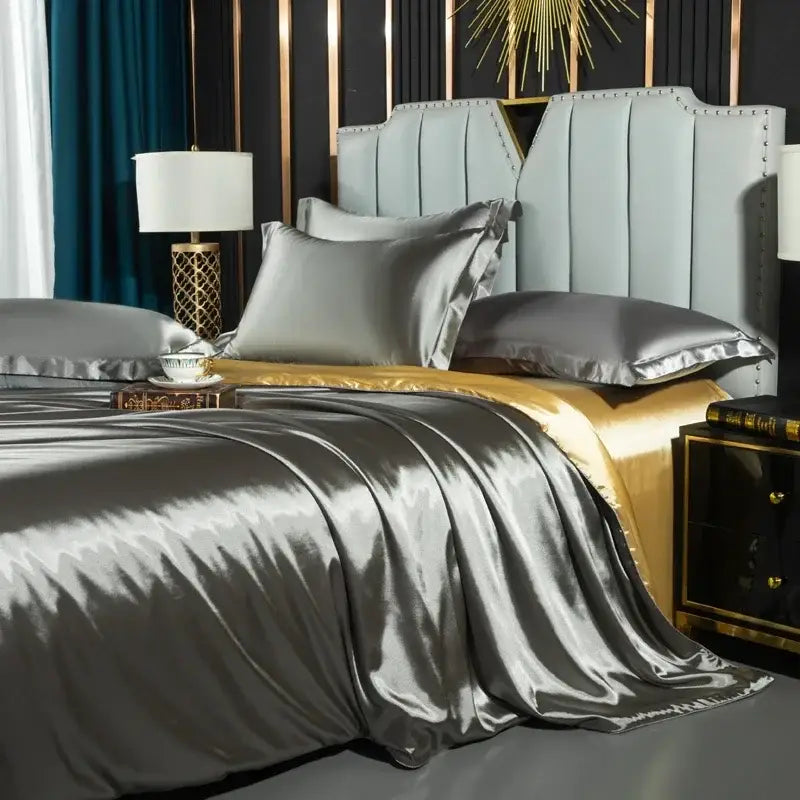 Luxurious navy satin duvet cover set bedroom bedding