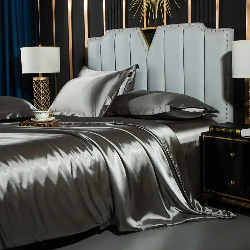 Luxurious navy satin duvet cover set bedroom bedding