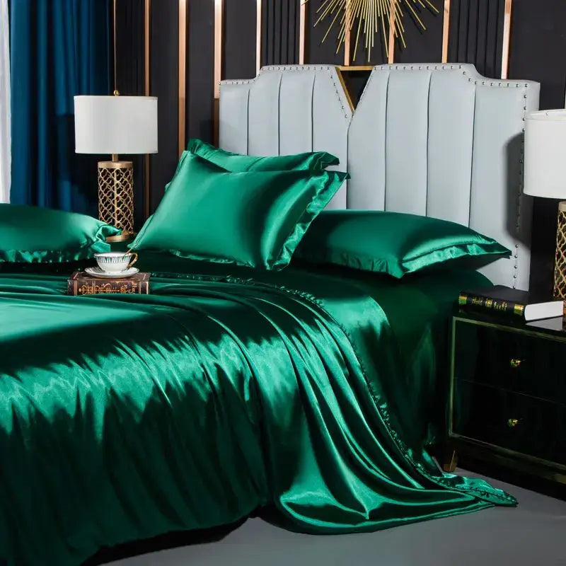 Luxurious gold satin duvet cover set bedroom silk bed sheet