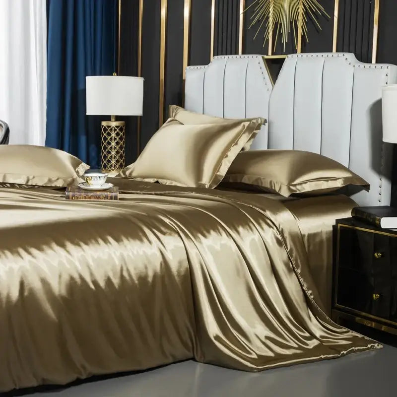 Luxurious gold satin duvet cover set bedroom silk bed sheet