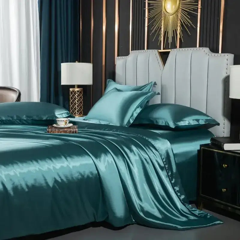 Luxurious teal satin duvet cover bedroom bedding set