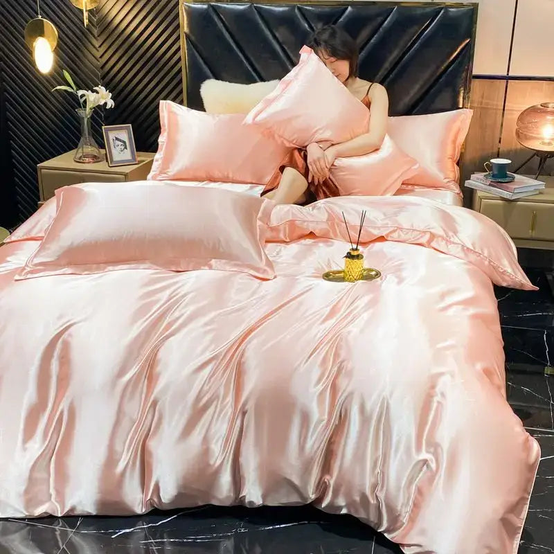 Luxurious pink satin 4 pcs duvet cover bedding set bedroom