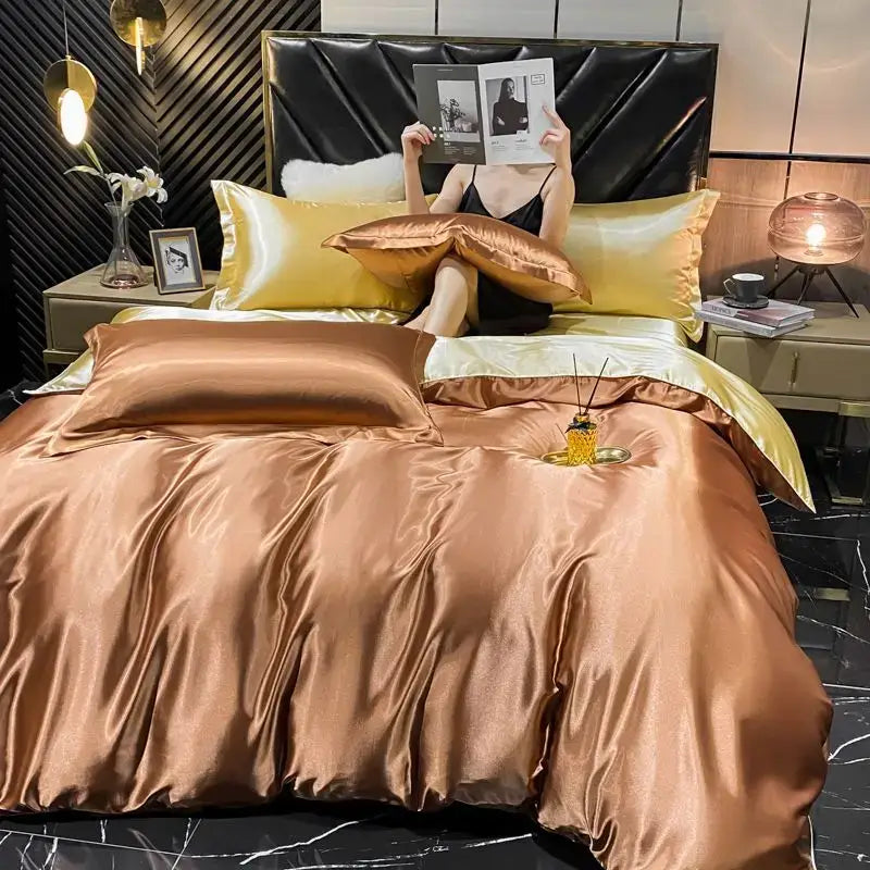 Luxurious bronze satin duvet cover bedding set bedroom king size