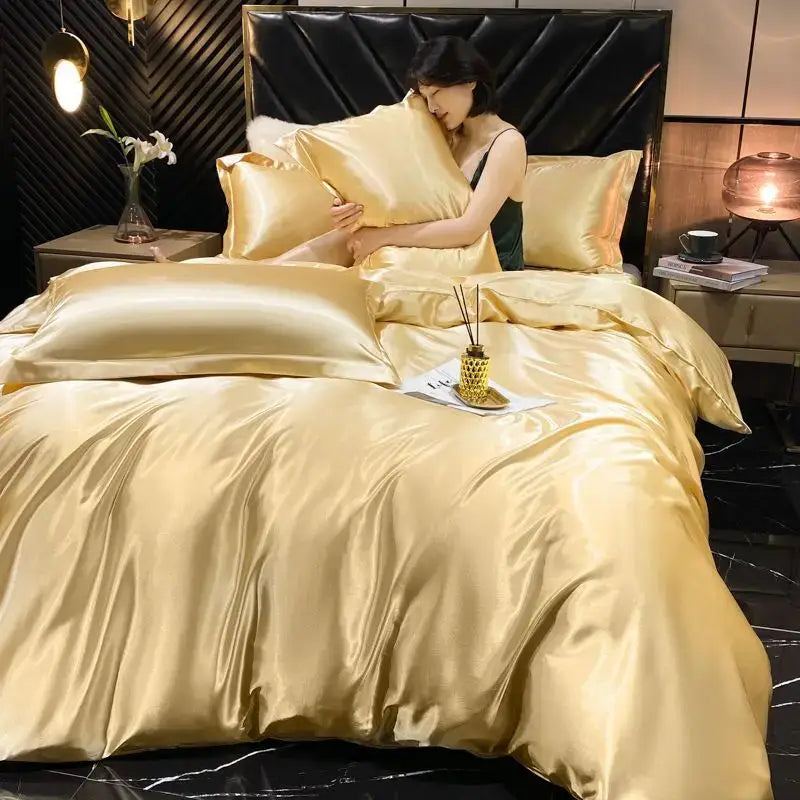 Luxurious pink satin 4 pcs duvet cover bedding set bedroom