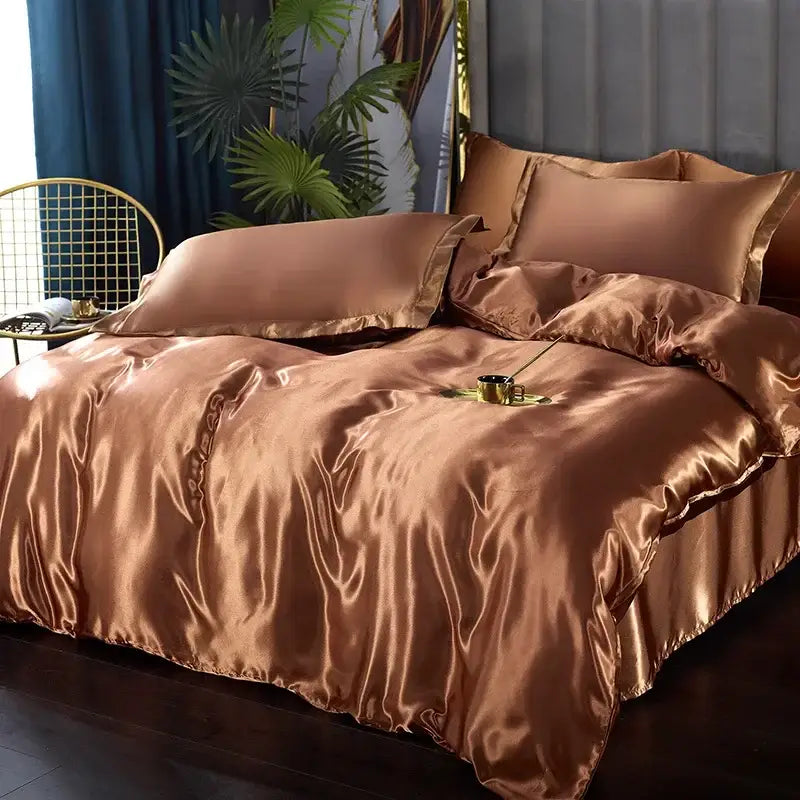 Luxurious pink satin duvet cover and bed sheet set bedroom bedding