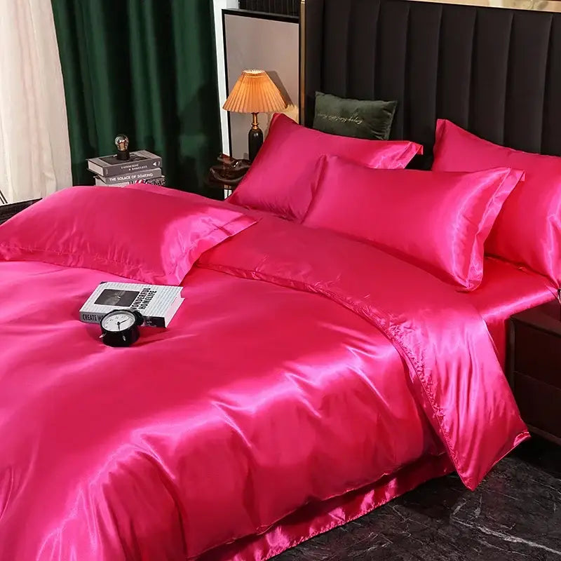 Luxurious blue satin duvet cover and bed sheet set for bedroom