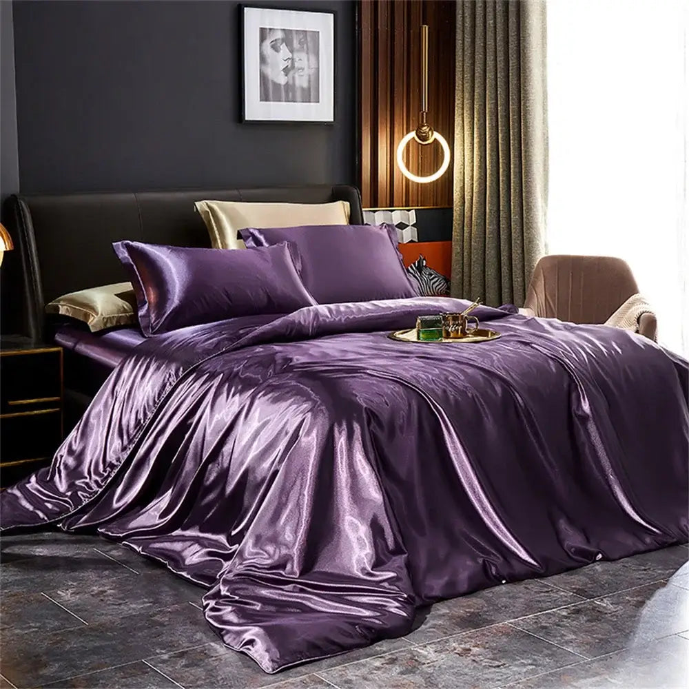 Luxurious teal satin duvet cover set – bedroom gold trimmed bedding