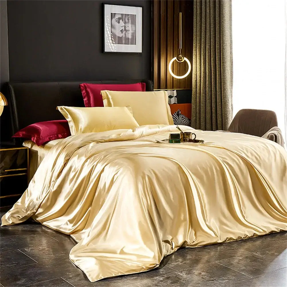 Luxurious white satin duvet cover bedroom silk bedding set