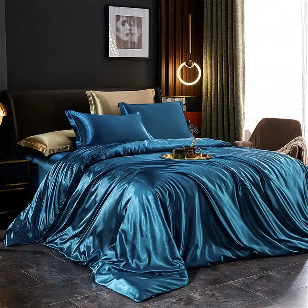 Luxurious turquoise satin bedding set with gold trim – bedroom duvet cover