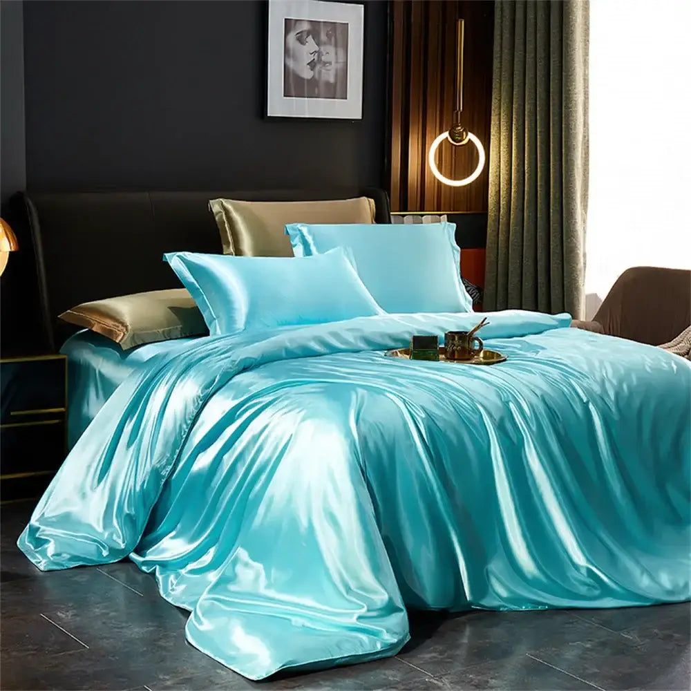 Luxurious turquoise satin bedding set with gold trim – bedroom duvet cover