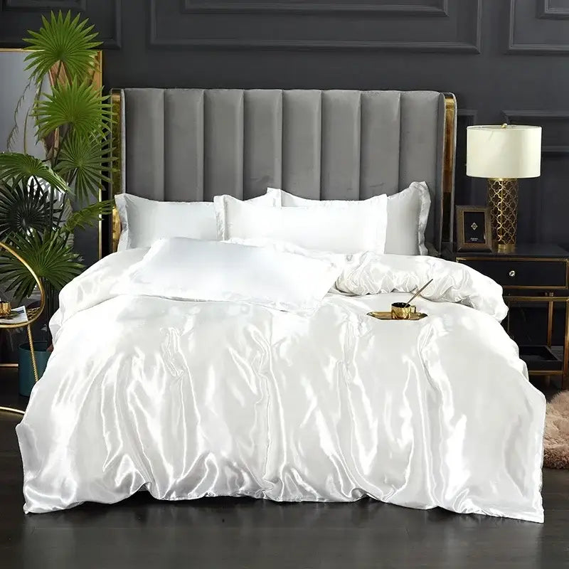 Luxurious white satin duvet cover bedding set bedroom silk finish