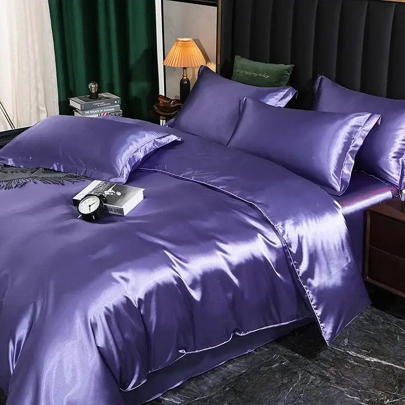 Luxurious purple satin duvet cover set bedroom silk bedding