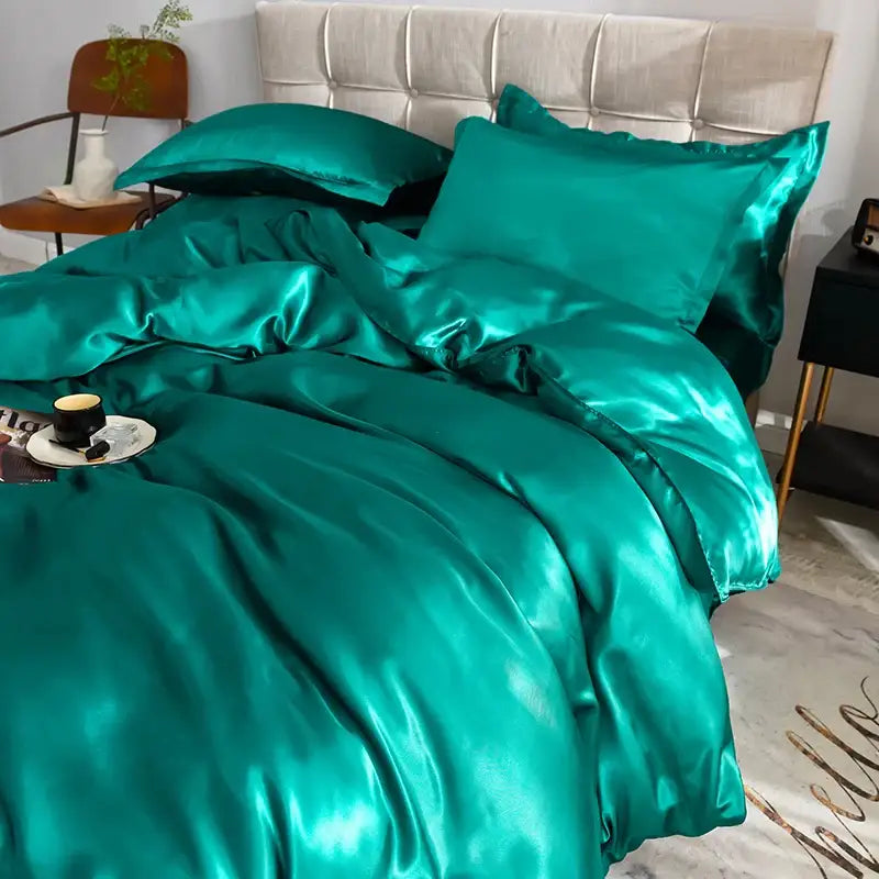 Luxurious navy satin silk bedding set bedroom decor