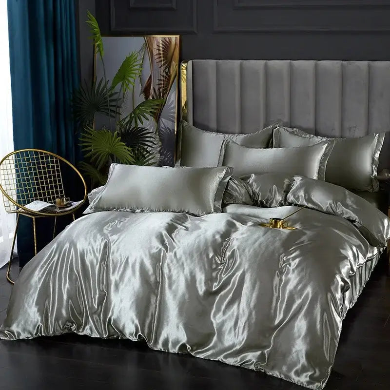 Luxurious teal satin duvet cover bedroom bedding set