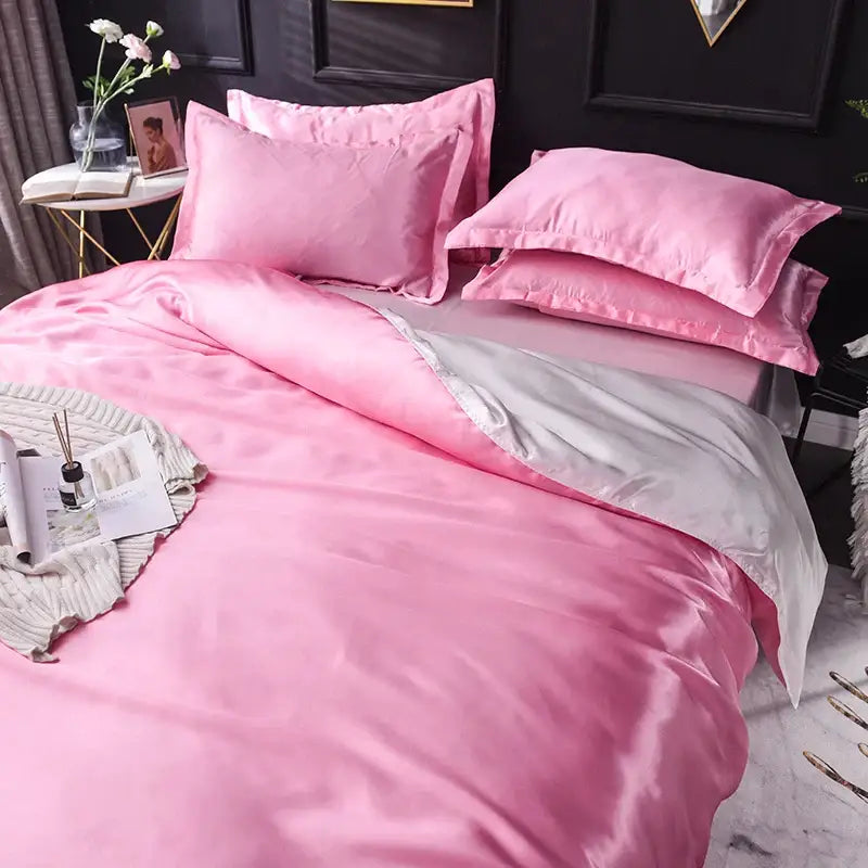 Luxurious pink & silver silk bedding set bedroom duvet cover