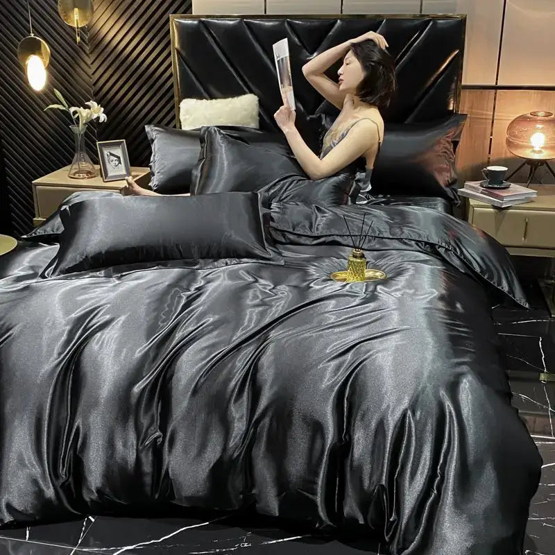 Luxurious black satin duvet cover set bedroom bedding