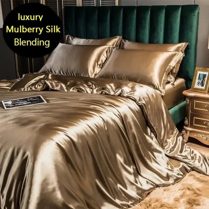 Luxurious emerald green satin bedding set with duvet cover bedroom