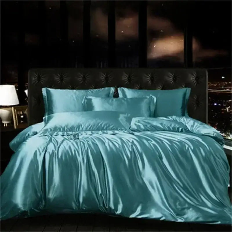 Pink glossy satin ruffled bedding set with fitted sheet bedroom