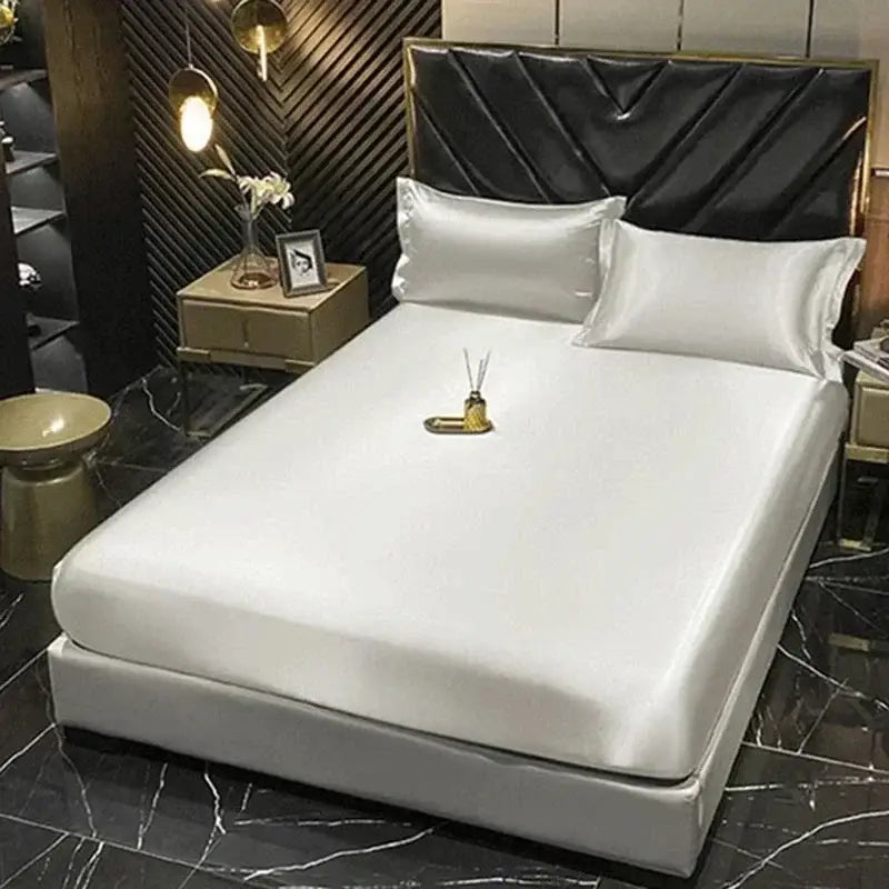 Pink glossy satin ruffled bedding set with fitted sheet bedroom