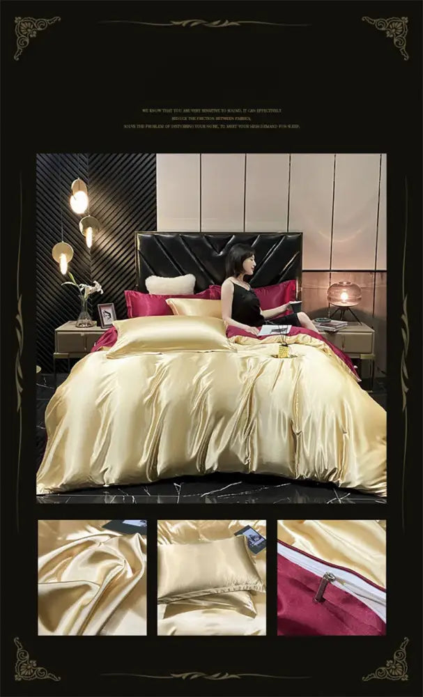 Luxurious copper & gold silk bedding set bedroom duvet cover