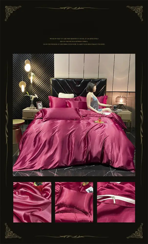 Luxurious pink satin ruffled bedding set bedroom duvet cover
