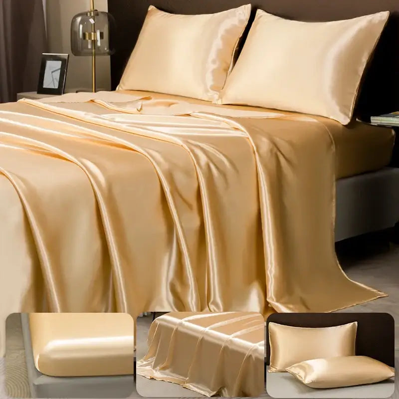 Luxurious cream solid color satin bedding set with flat sheet bedroom