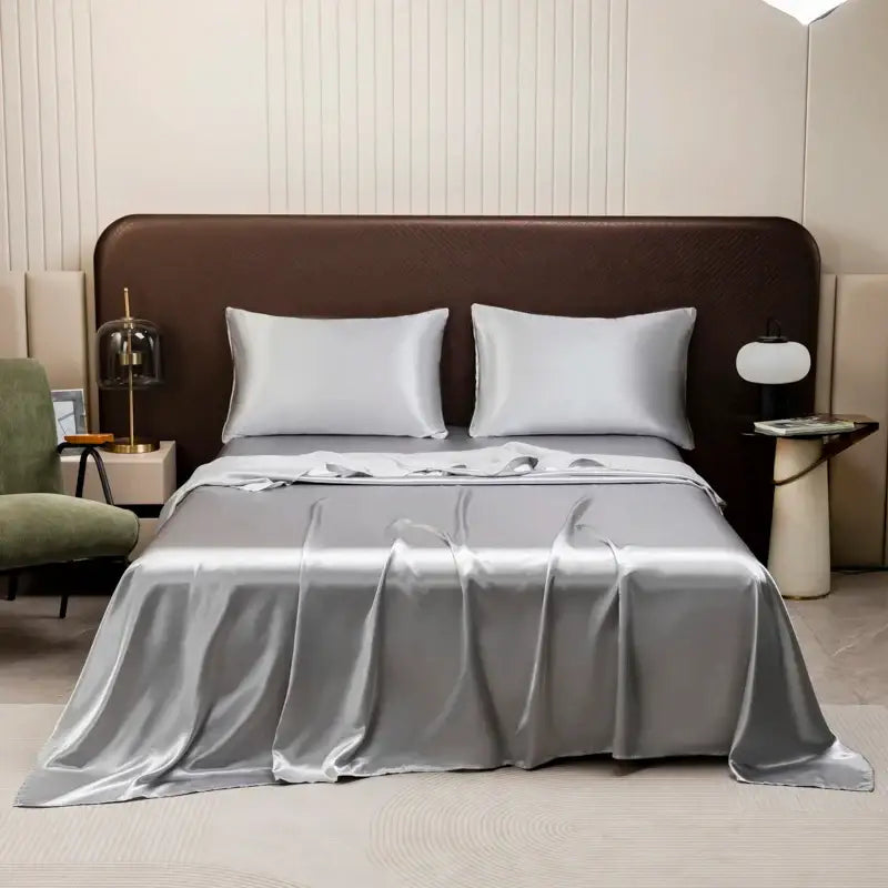 Luxurious cream solid color satin bedding set with flat sheet bedroom