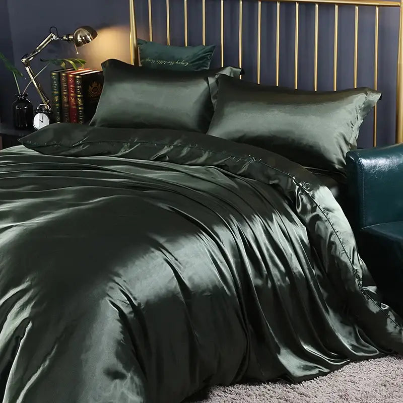 Luxurious emerald green satin duvet cover set bedroom bed sheet