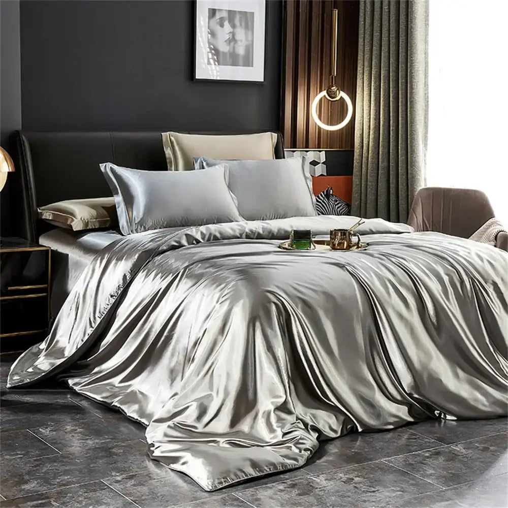 Luxurious silver silk duvet cover bedding set bedroom decor