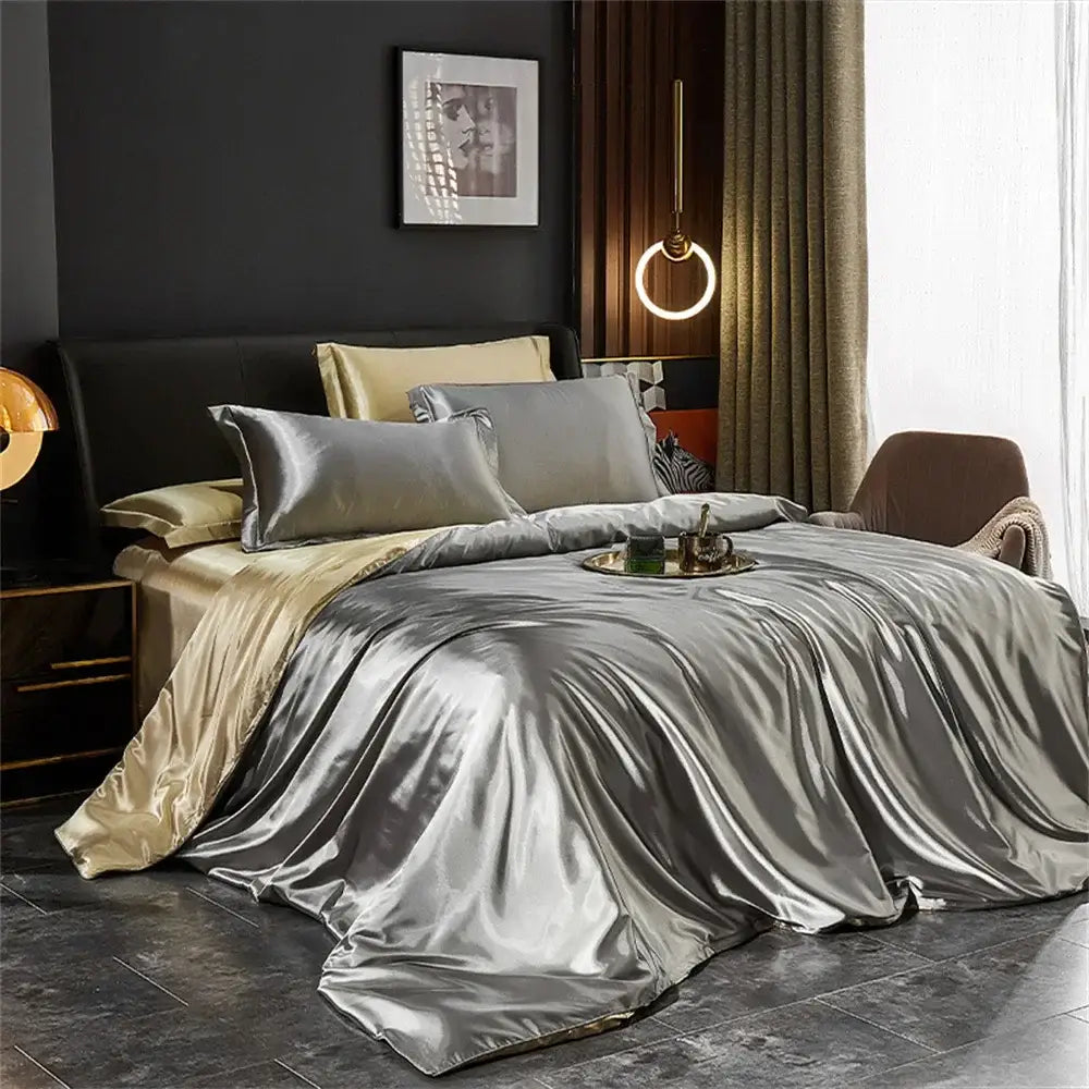 Luxurious emerald green satin duvet cover set bedroom bedding