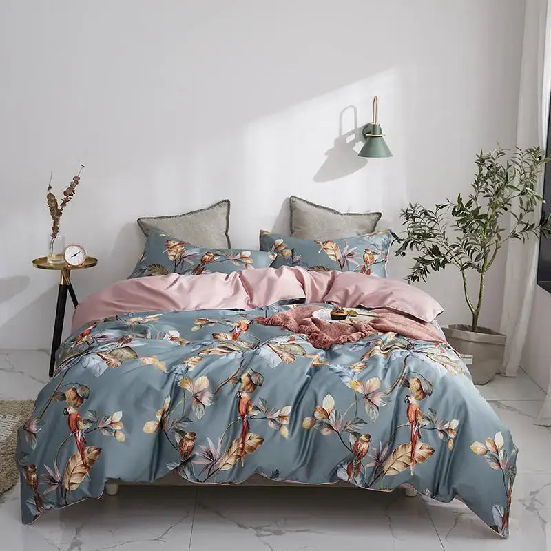 Blue and pink floral egyptian cotton duvet cover bedroom set