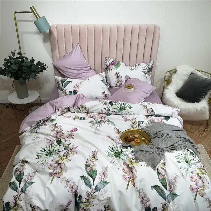 Mauve floral egyptian cotton duvet cover bedroom bedding set