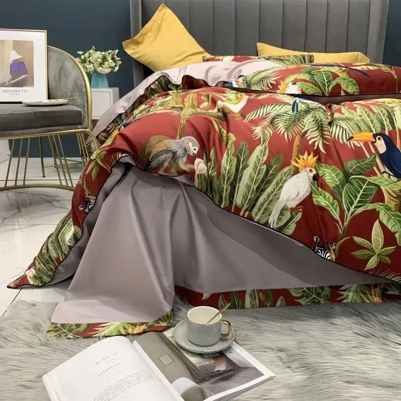 Yellow egyptian cotton bird embroidery duvet cover bedroom set