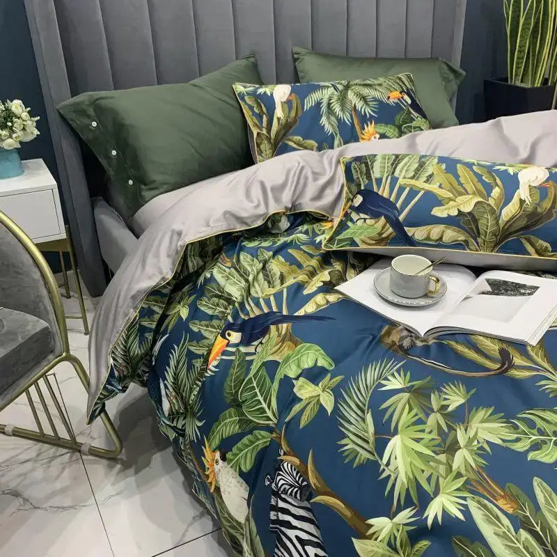 Yellow egyptian cotton bird embroidery duvet cover bedroom set