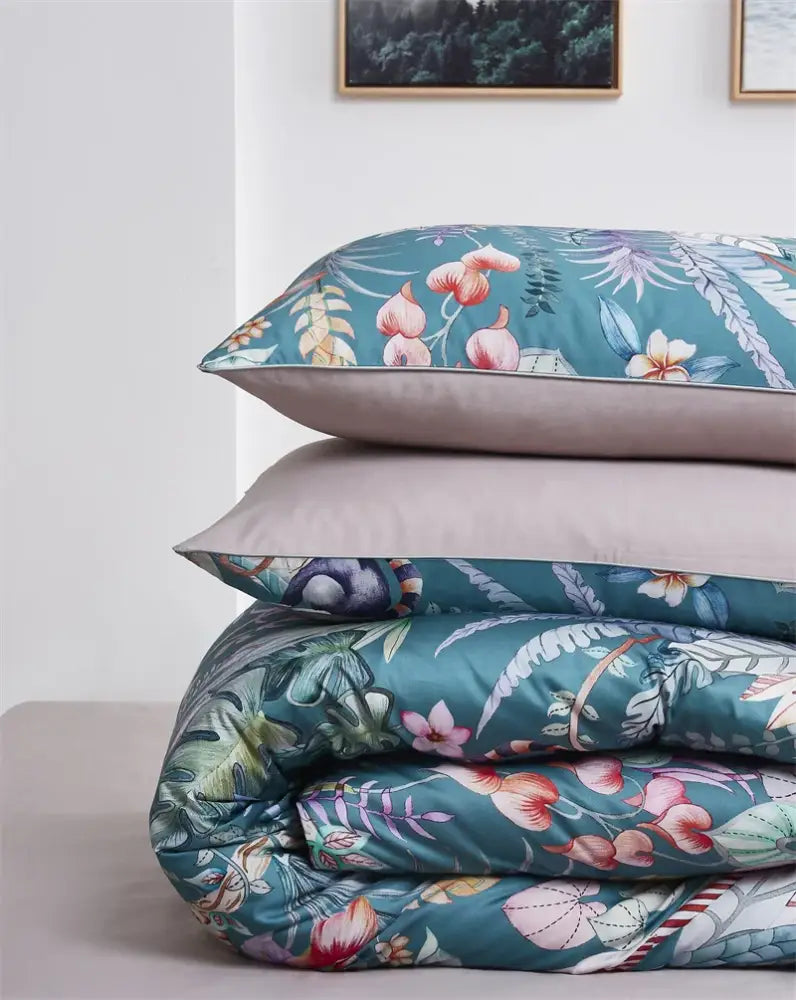 Teal floral egyptian cotton duvet cover bedroom set with pillowcases