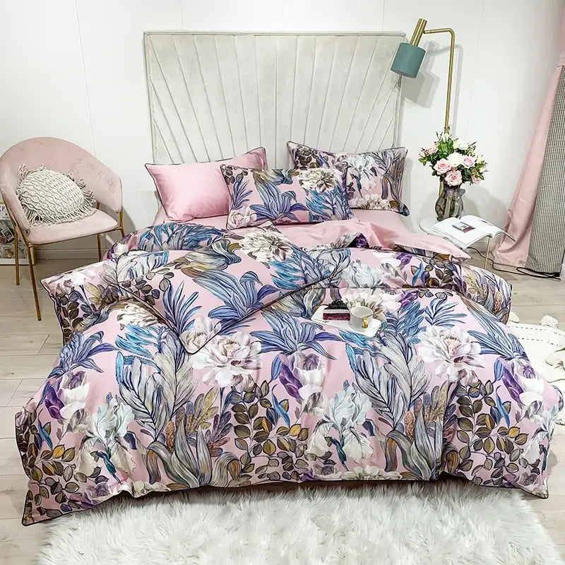 Botanical egyptian cotton duvet cover and pillowcases bedroom set