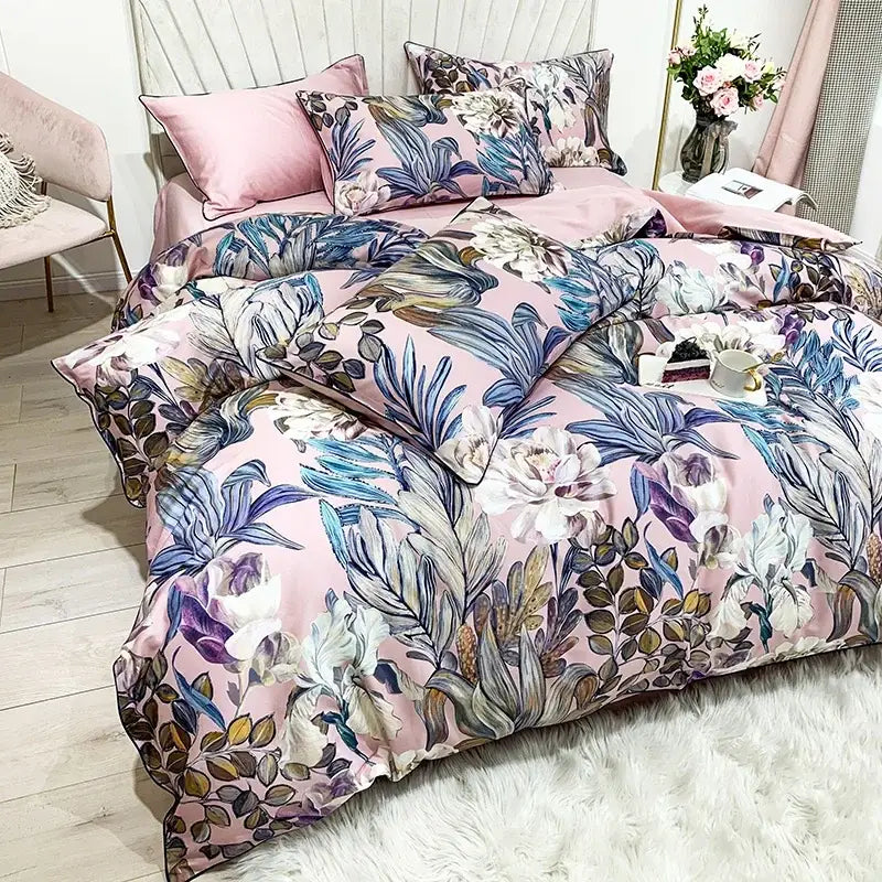 Botanical egyptian cotton duvet cover and pillowcases bedroom set