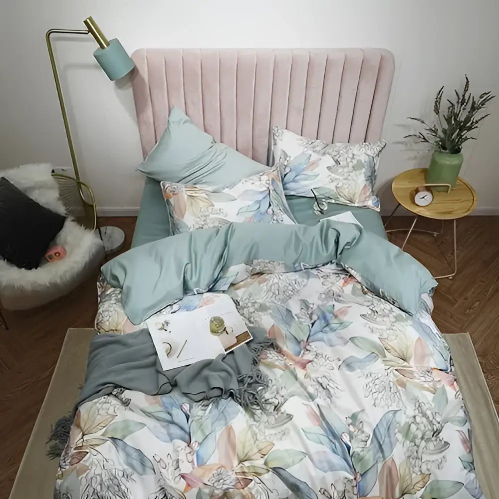 Teal floral egyptian cotton duvet cover bedroom set with pillowcases