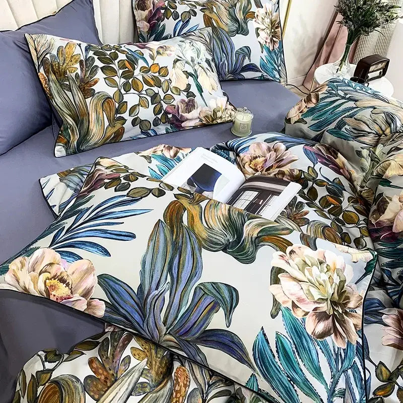 Botanical egyptian cotton duvet cover and pillowcases bedroom set