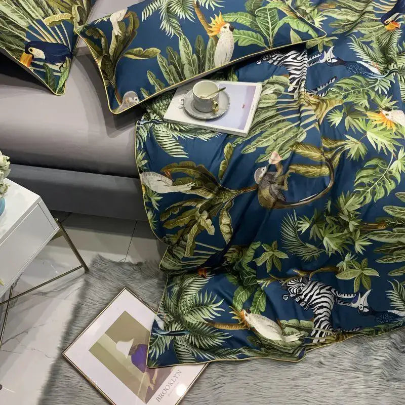 Luxury teal & pink flamingo leaf duvet cover – bedroom bedding set