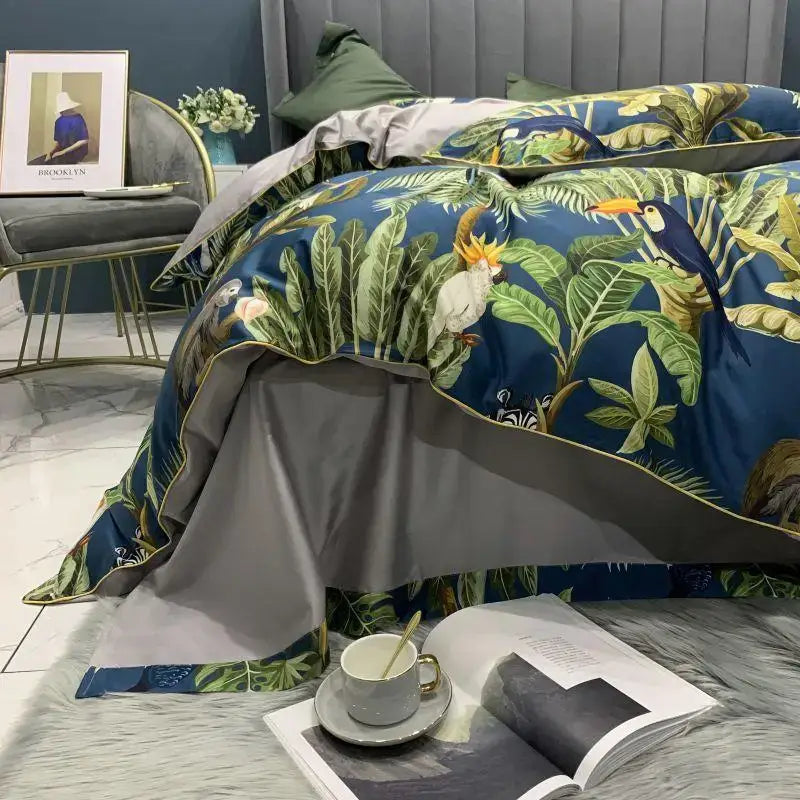 Luxury blue tropical flamingo duvet cover bedroom set with pillowcases