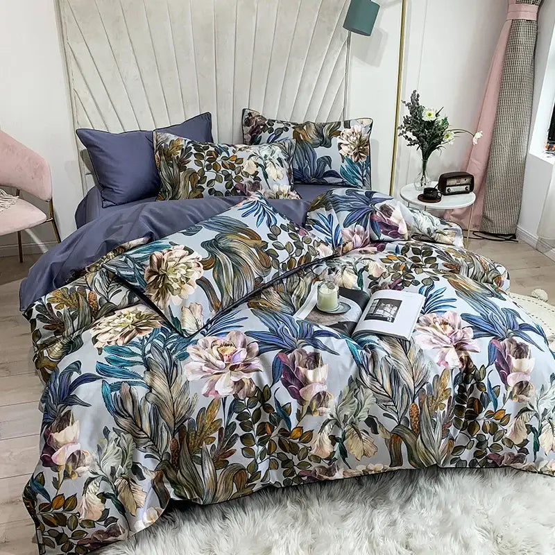 Luxury teal & pink flamingo leaf duvet cover – bedroom bedding set