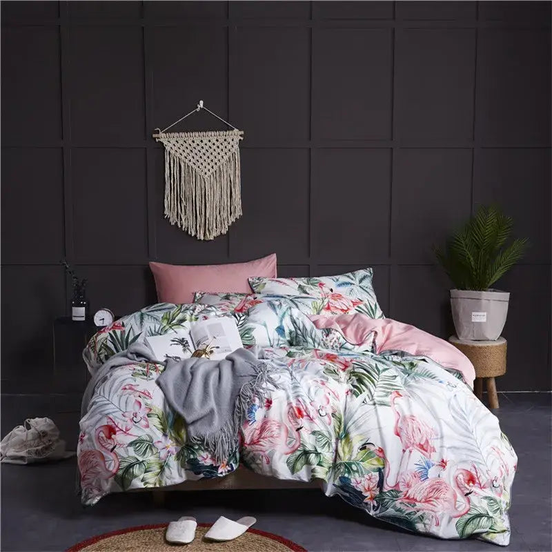 Luxury teal & pink flamingo leaf duvet cover – bedroom bedding set