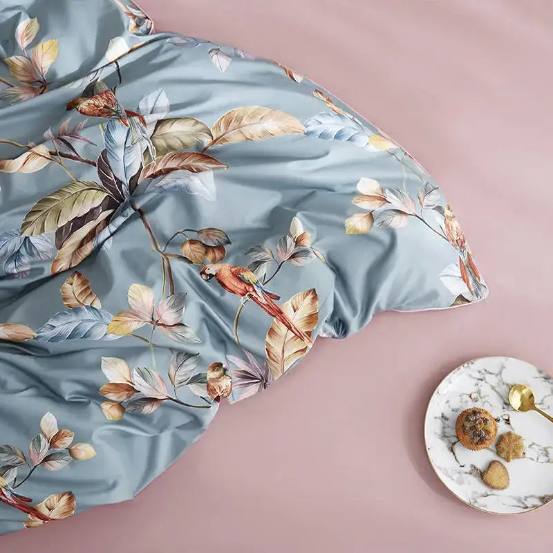 Luxury blue tropical flamingo duvet cover bedroom set with pillowcases