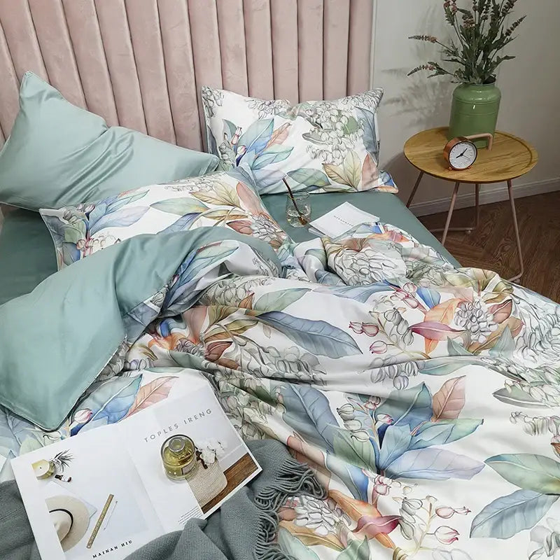 Luxury blue tropical flamingo duvet cover bedroom set with pillowcases