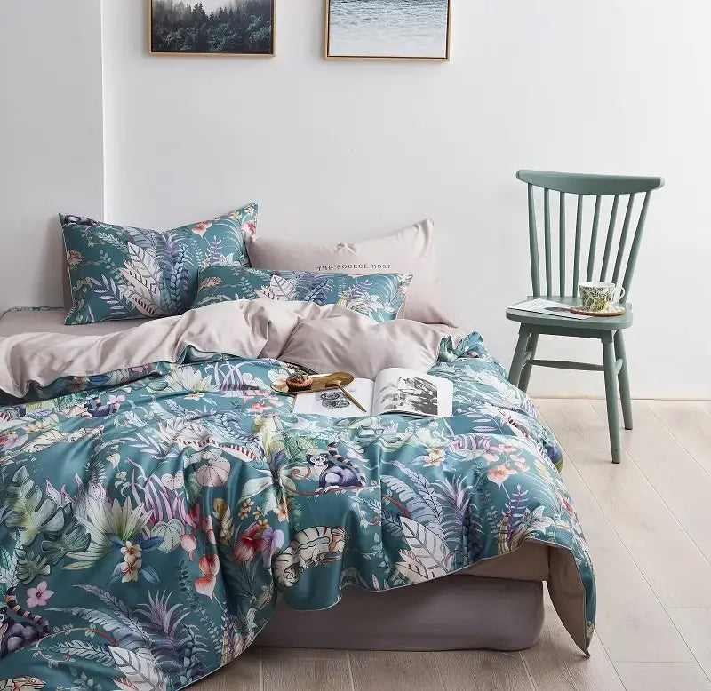 Luxury teal & pink flamingo leaf duvet cover – bedroom bedding set