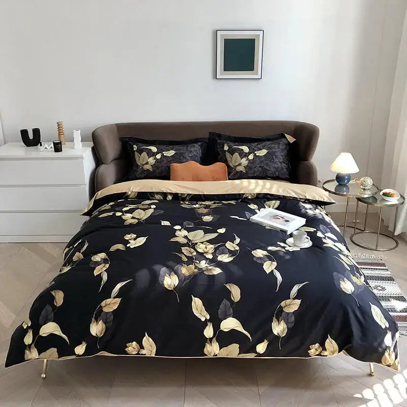 Luxury flamingo leaf gray satin duvet cover bedroom set 3 pieces