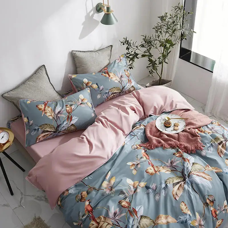 Luxury flamingo leaf gray satin duvet cover bedroom set 3 pieces