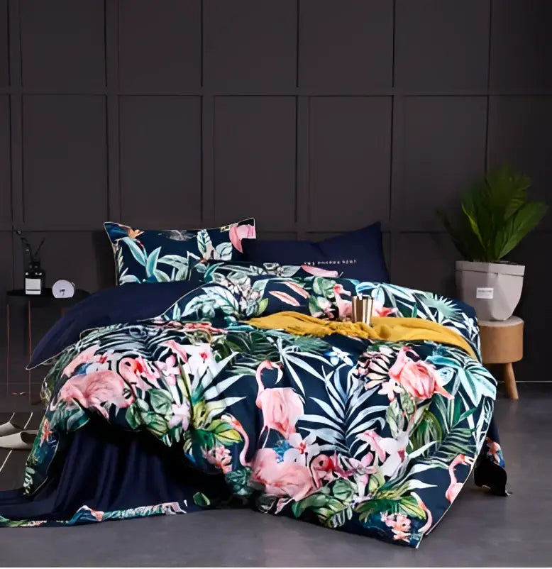Luxury flamingo leaf gray satin duvet cover bedroom set 3 pieces