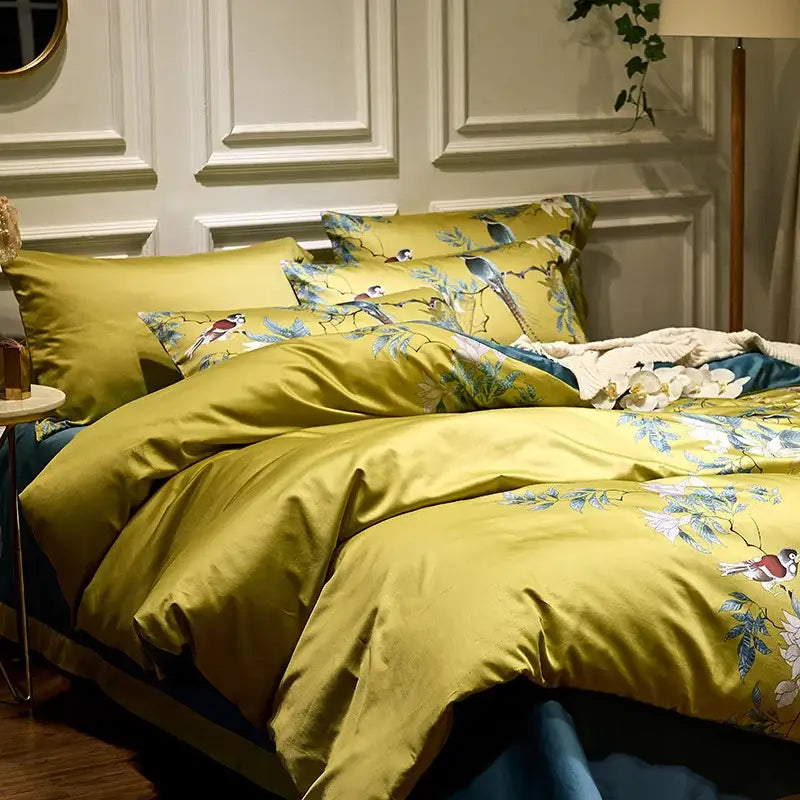 Luxury flamingo leaf gray satin duvet cover bedroom set 3 pieces
